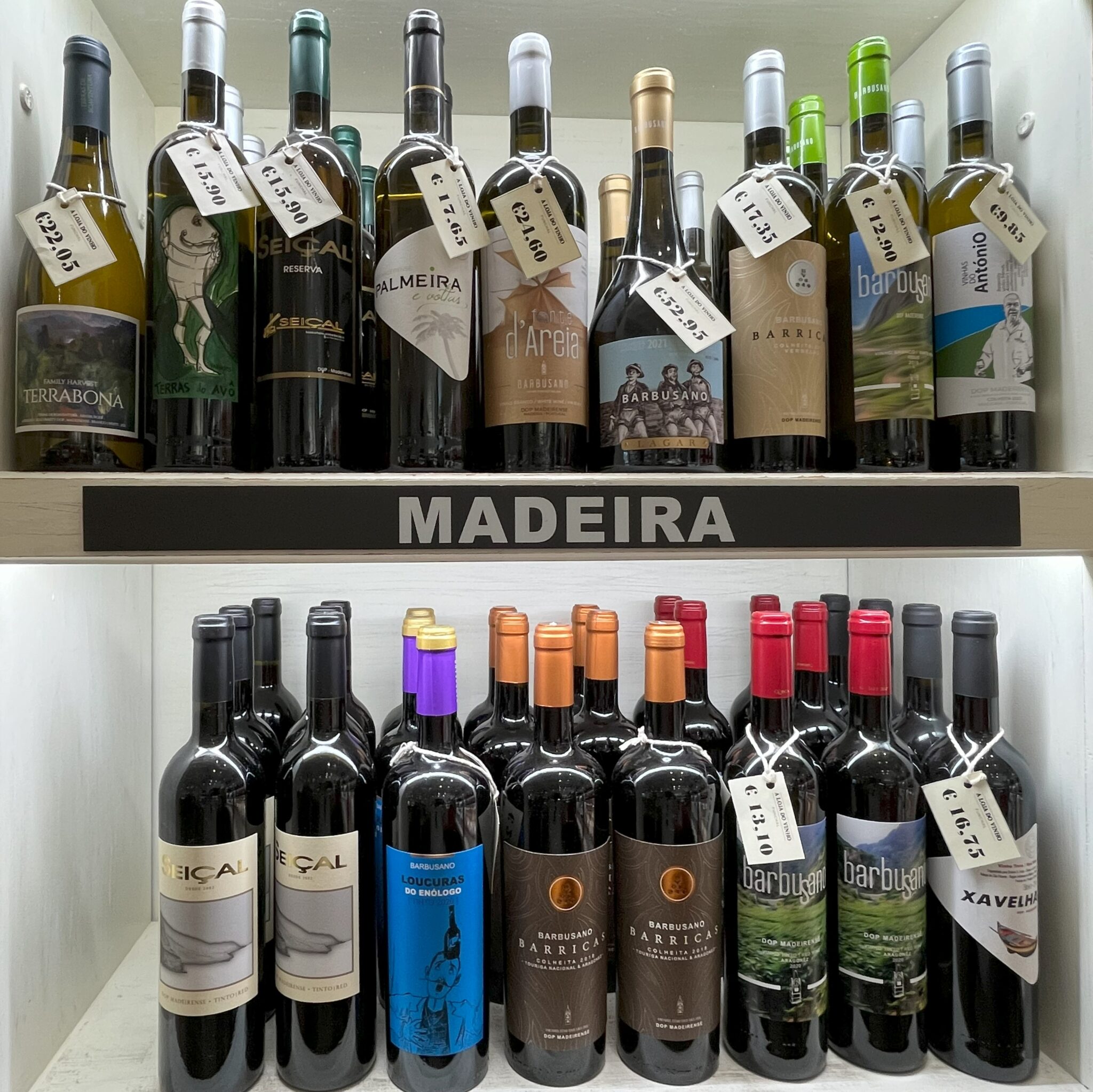 Madeira Tables wines on sale in 2023 at the Blandy's wine lodge in downtown Funchal.